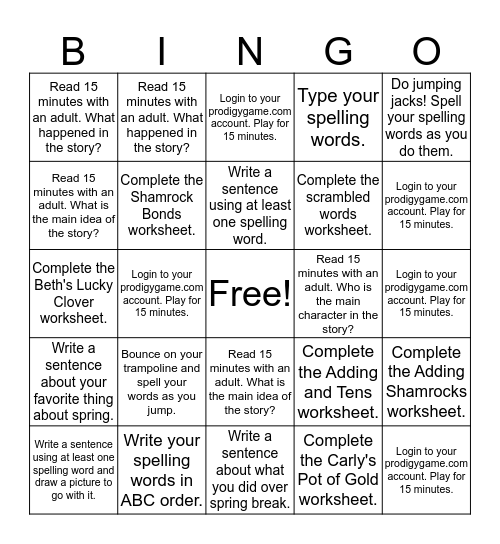 Homework Bingo- Group 2 (4/3) Bingo Card