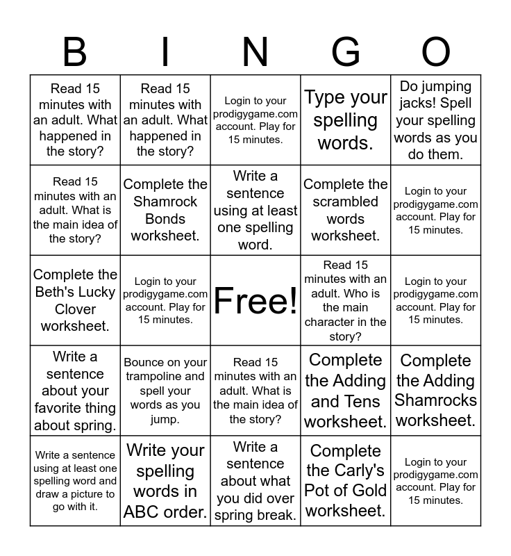 homework bingo 4th grade