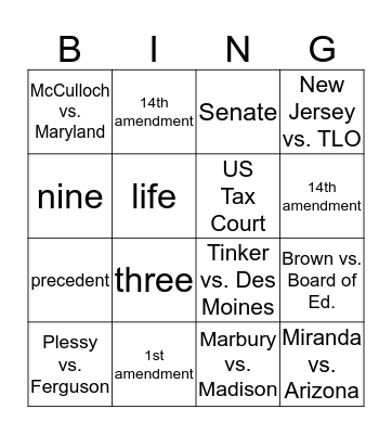 Supreme Court Case/Amendments Bingo Card