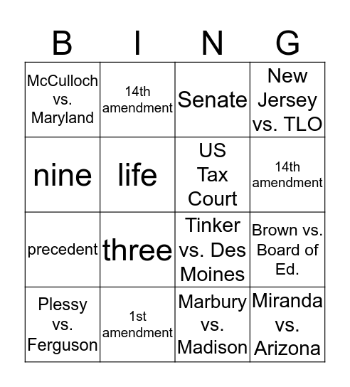 Supreme Court Case/Amendments Bingo Card
