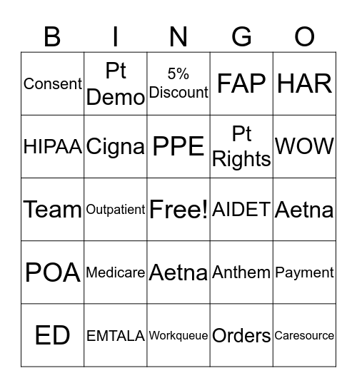 Patient Access  Bingo Card