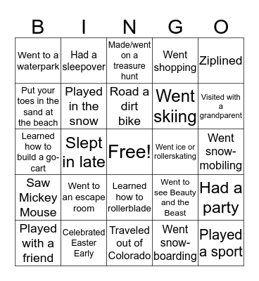 Spring Break Bingo  Bingo Card