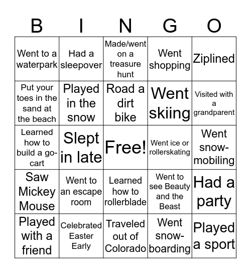 Spring Break Bingo  Bingo Card