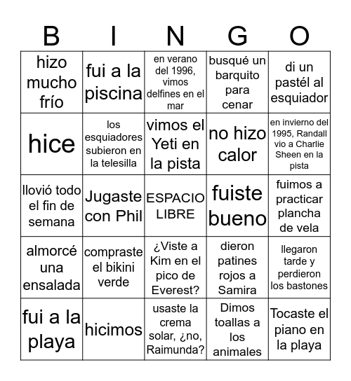 BINGO DEL PRETERITO Unidad 7 Bingo Card