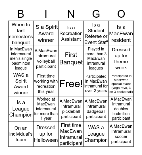 Recreation Banquet  Bingo Card