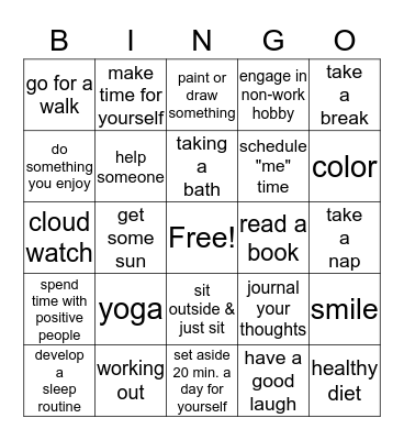 Self-Care Bingo Card