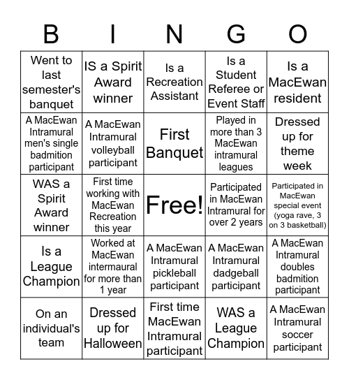 Recreation Banquet  Bingo Card