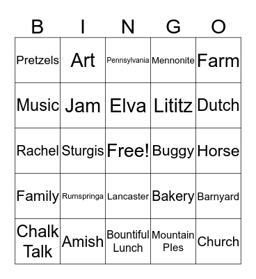 Amish Experience Bingo Card