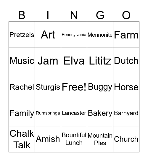 Amish Experience Bingo Card