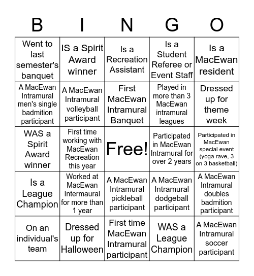 Recreation Banquet  Bingo Card