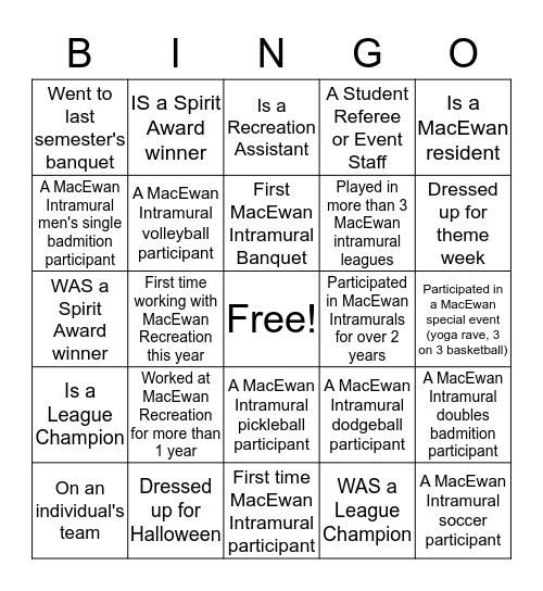 Recreation Banquet    Name: ______________ Bingo Card