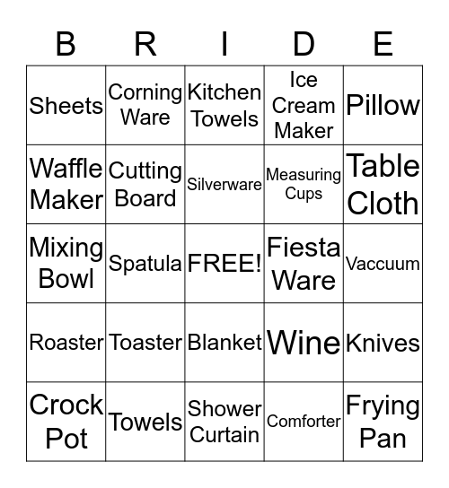 Bridal Shower Gift Bingo Card