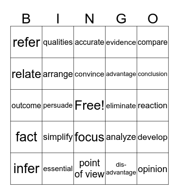 5th grade vocabulary Bingo Card