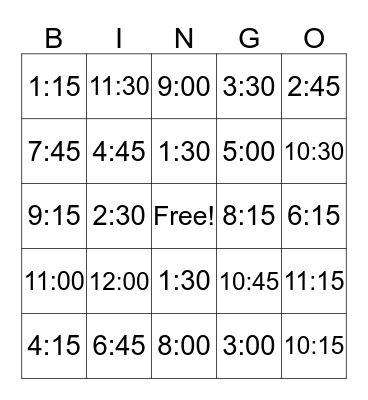 Telling Time Bingo Card