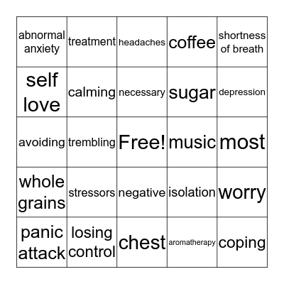 Bingo About Anxiety Bingo Card