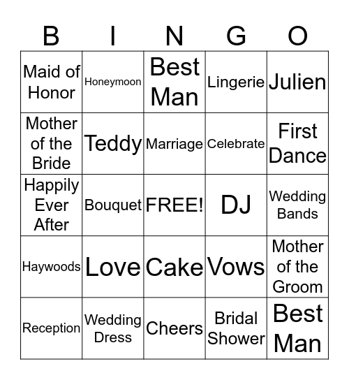 Julien's Bridal Shower Bingo Card