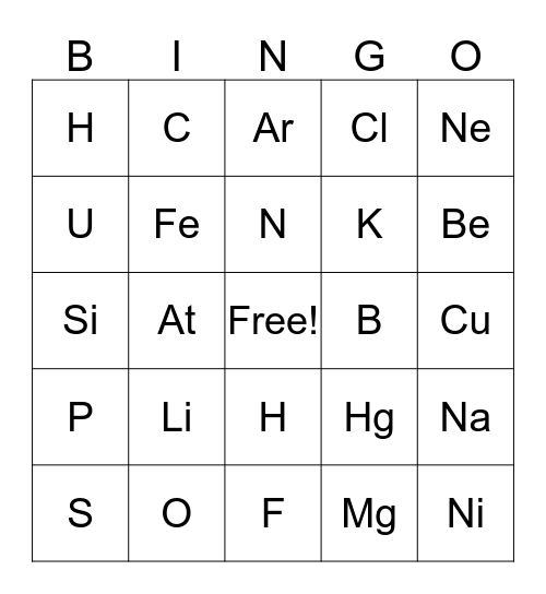 Periodic Table Bingo Card
