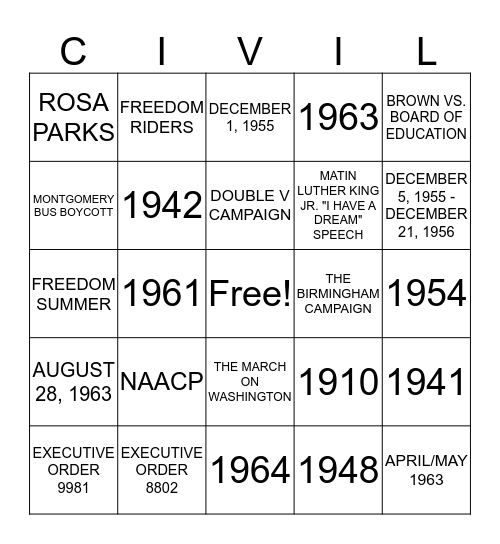 AFRICAN AMERICAN CIVIL RIGHTS Bingo Card