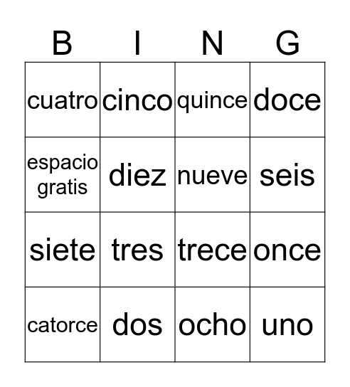 Los adjetivos- numeros Bingo Card