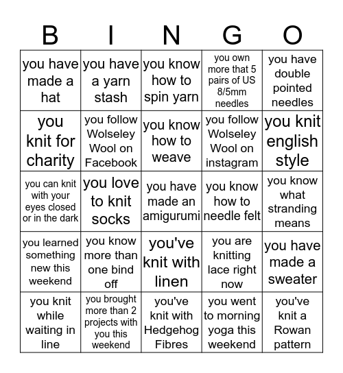 Wolseley Wool Retreat Bingo! Bingo Card
