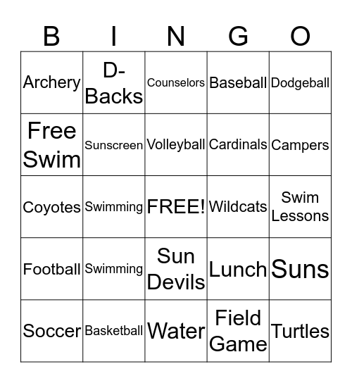 Sports Camp Bingo Card