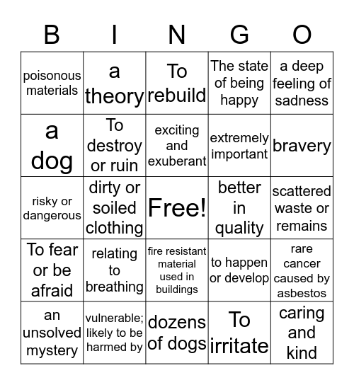 VOCABULARY!!! Bingo Card