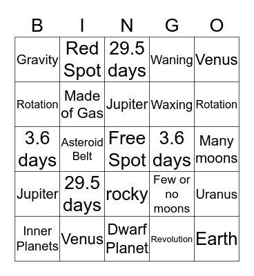 Planets Bingo Card