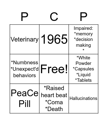 PHENCYCLIDINE "PCP" Bingo Card