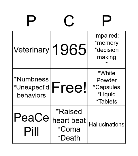 PHENCYCLIDINE "PCP" Bingo Card