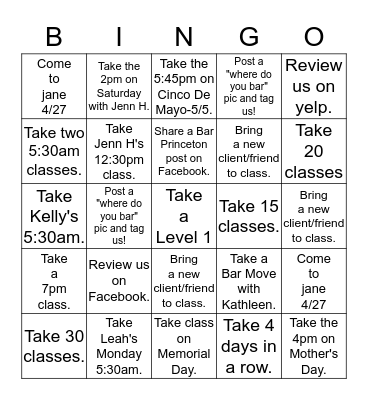 "Bar Method Princeton Bingo" 4/24/17- 5/29/17  Bingo Card