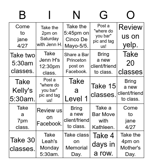 "Bar Method Princeton Bingo" 4/24/17- 5/29/17  Bingo Card