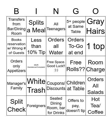 Bennigan's Bingo Card