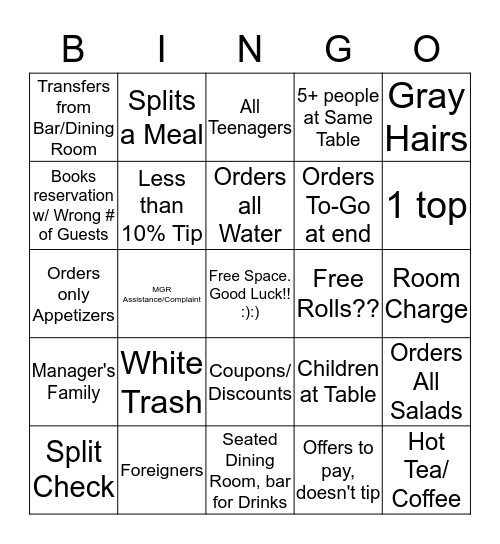 Bennigan's Bingo Card