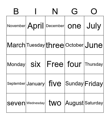 Calendar Words Bingo Card