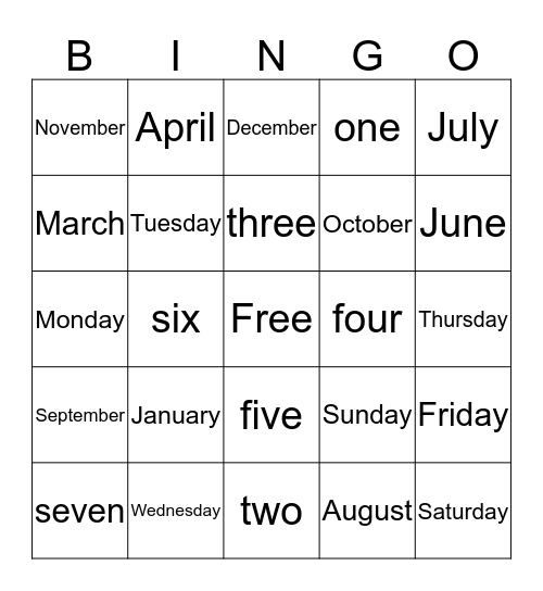 Calendar Words Bingo Card