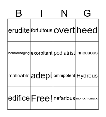 Vocabulary Bingo Card