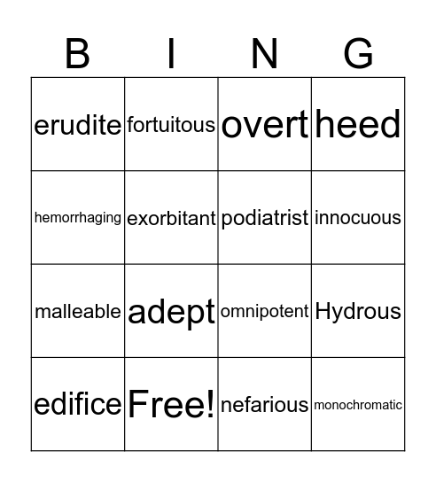 Vocabulary Bingo Card