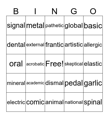 -al,  -ic Bingo Card