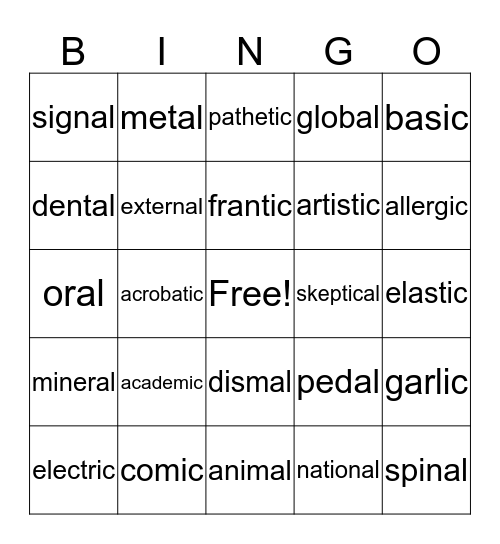 -al,  -ic Bingo Card