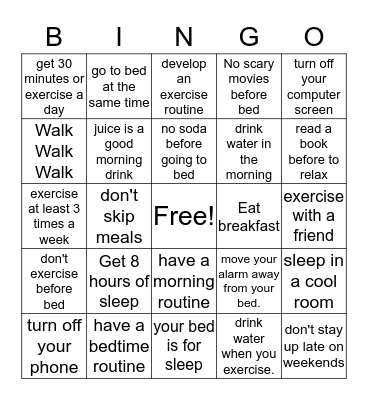 Exercise & Sleep Bingo Card