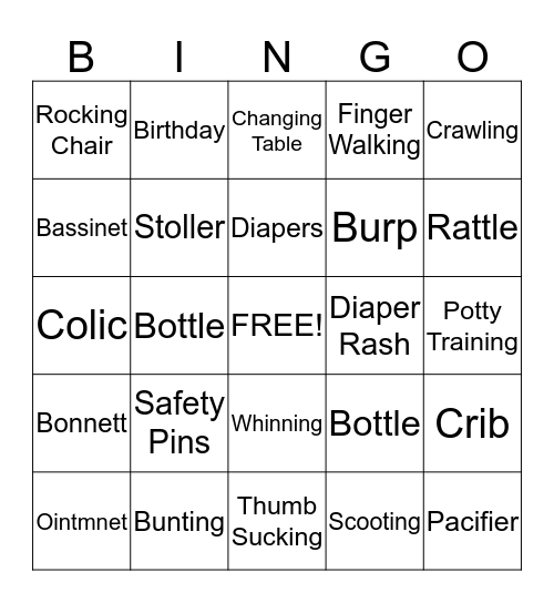 Baby Things Bingo Card