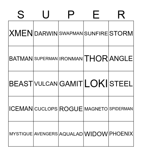 Adventure Avengers Bingo Card