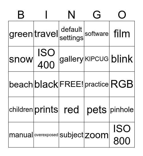 Digital Photography Bingo Card