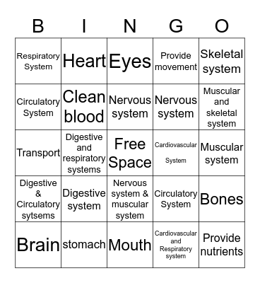 Body Systems Bingo Card
