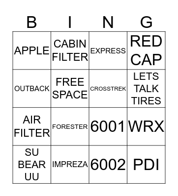 SUBARU EXPRESS BINGO Card