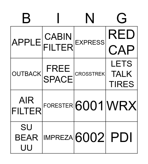 SUBARU EXPRESS BINGO Card