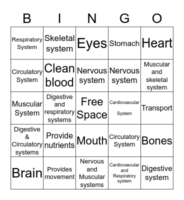Body Systems Bingo Card