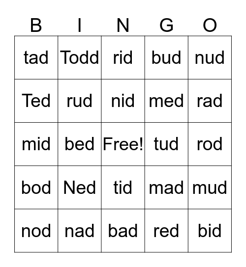 Short Vowels Bingo Card