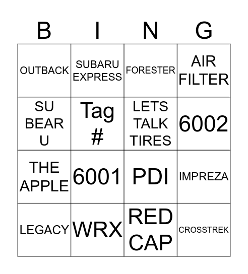 Subaru Express Bingo Card