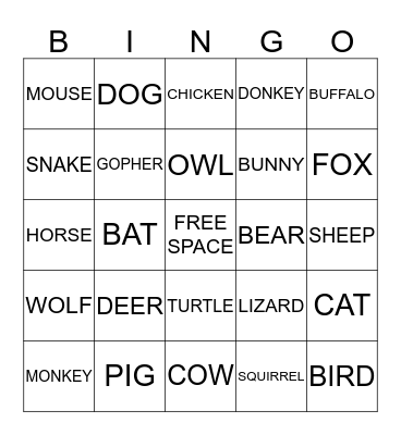 ANIMAL BINGO Card